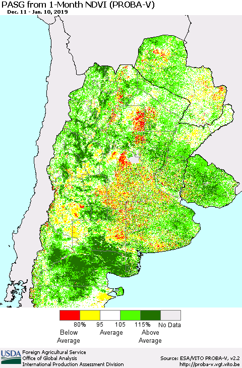 Southern South America PASG from 1-Month NDVI (PROBA-V) Thematic Map For 1/1/2019 - 1/10/2019