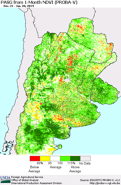 Southern South America PASG from 1-Month NDVI (PROBA-V) Thematic Map For 1/11/2019 - 1/20/2019