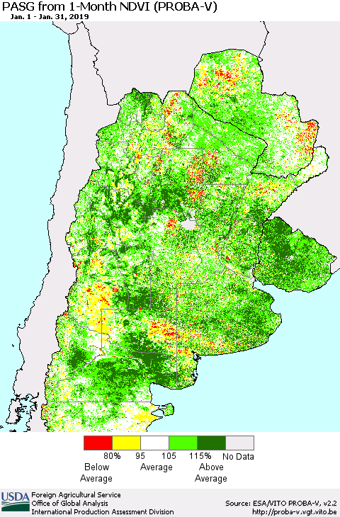 Southern South America PASG from 1-Month NDVI (PROBA-V) Thematic Map For 1/21/2019 - 1/31/2019
