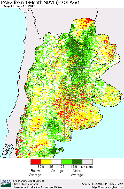 Southern South America PASG from 1-Month NDVI (PROBA-V) Thematic Map For 9/1/2019 - 9/10/2019