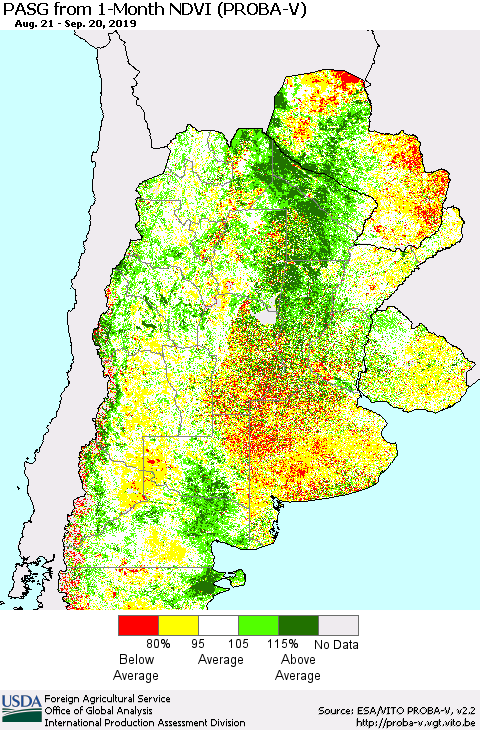 Southern South America PASG from 1-Month NDVI (PROBA-V) Thematic Map For 9/11/2019 - 9/20/2019