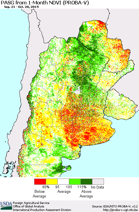 Southern South America PASG from 1-Month NDVI (PROBA-V) Thematic Map For 10/11/2019 - 10/20/2019