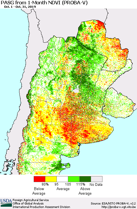 Southern South America PASG from 1-Month NDVI (PROBA-V) Thematic Map For 10/21/2019 - 10/31/2019