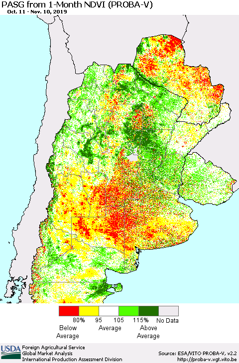Southern South America PASG from 1-Month NDVI (PROBA-V) Thematic Map For 11/1/2019 - 11/10/2019