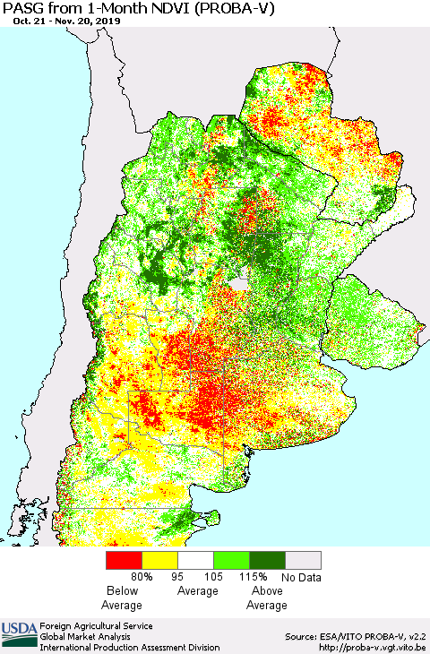 Southern South America PASG from 1-Month NDVI (PROBA-V) Thematic Map For 11/11/2019 - 11/20/2019