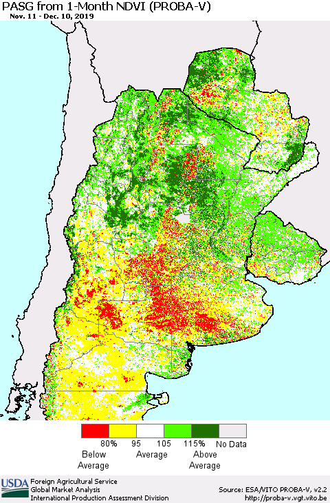 Southern South America PASG from 1-Month NDVI (PROBA-V) Thematic Map For 12/1/2019 - 12/10/2019