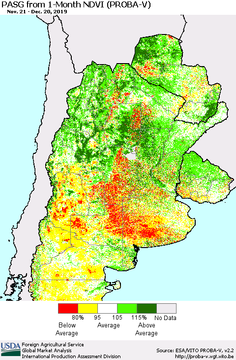 Southern South America PASG from 1-Month NDVI (PROBA-V) Thematic Map For 12/11/2019 - 12/20/2019