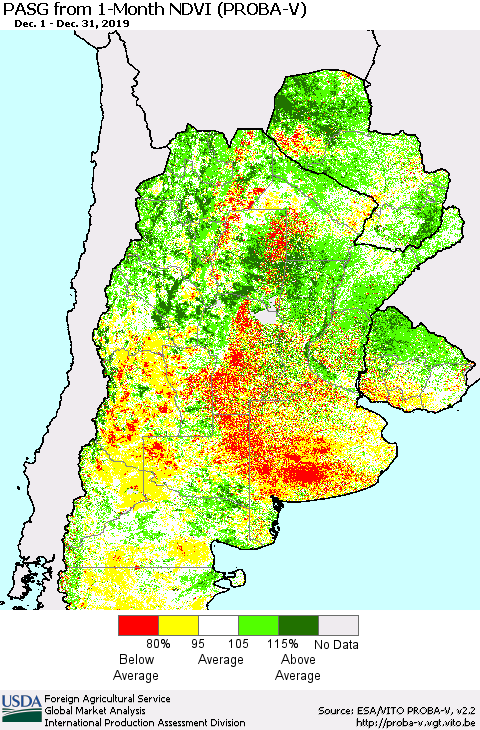 Southern South America PASG from 1-Month NDVI (PROBA-V) Thematic Map For 12/21/2019 - 12/31/2019