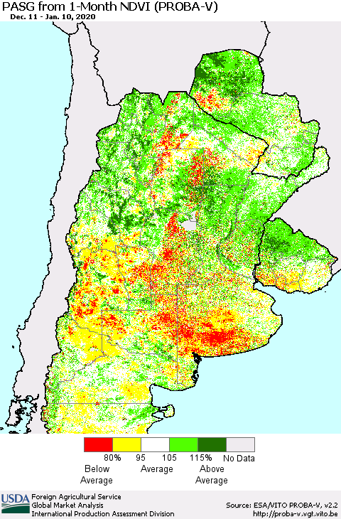 Southern South America PASG from 1-Month NDVI (PROBA-V) Thematic Map For 1/1/2020 - 1/10/2020