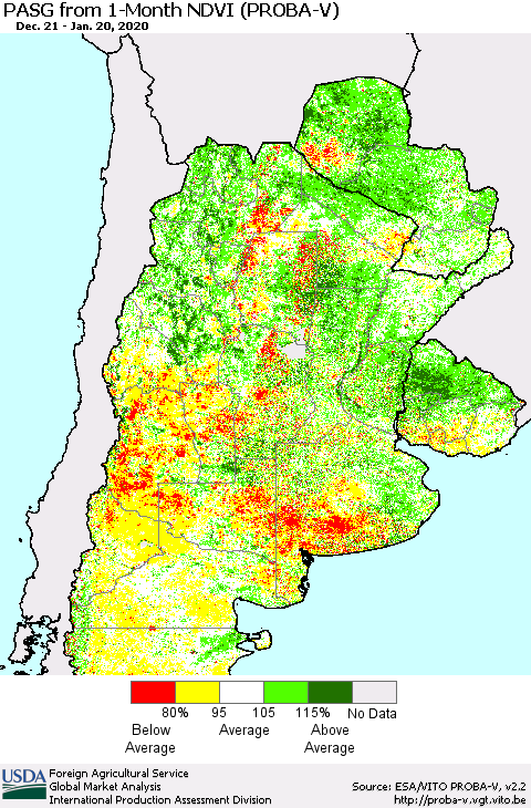 Southern South America PASG from 1-Month NDVI (PROBA-V) Thematic Map For 1/11/2020 - 1/20/2020