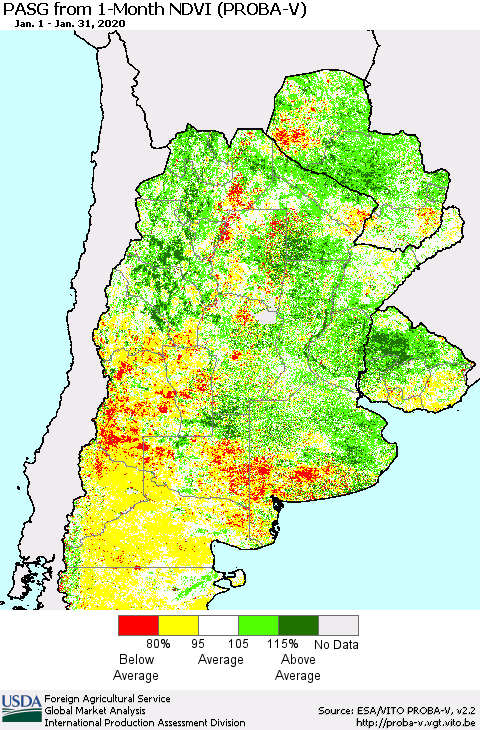 Southern South America PASG from 1-Month NDVI (PROBA-V) Thematic Map For 1/21/2020 - 1/31/2020