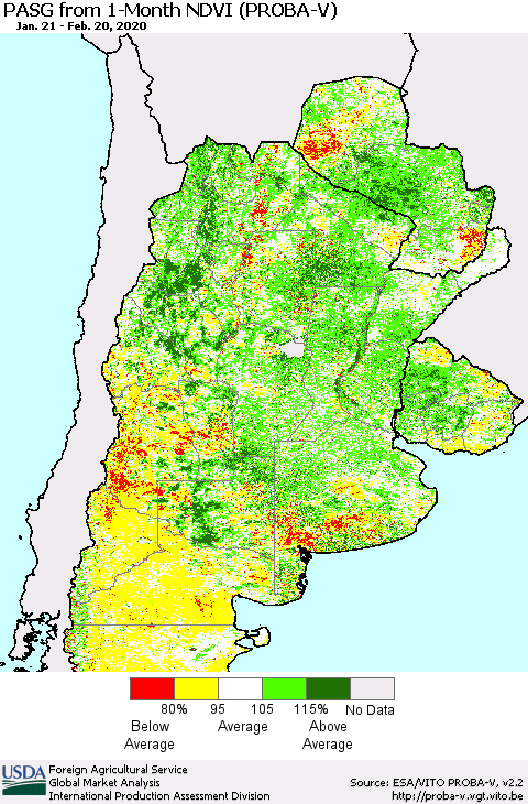 Southern South America PASG from 1-Month NDVI (PROBA-V) Thematic Map For 2/11/2020 - 2/20/2020