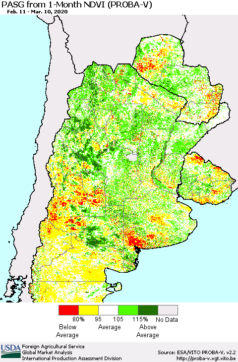Southern South America PASG from 1-Month NDVI (PROBA-V) Thematic Map For 3/1/2020 - 3/10/2020