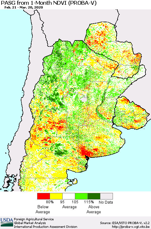 Southern South America PASG from 1-Month NDVI (PROBA-V) Thematic Map For 3/11/2020 - 3/20/2020