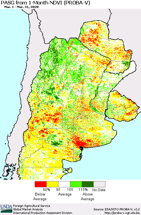 Southern South America PASG from 1-Month NDVI (PROBA-V) Thematic Map For 3/21/2020 - 3/31/2020