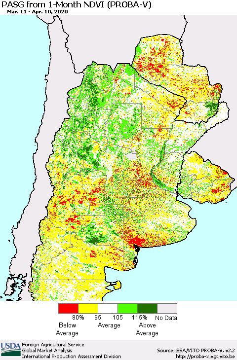 Southern South America PASG from 1-Month NDVI (PROBA-V) Thematic Map For 4/1/2020 - 4/10/2020