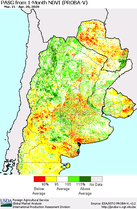 Southern South America PASG from 1-Month NDVI (PROBA-V) Thematic Map For 4/11/2020 - 4/20/2020