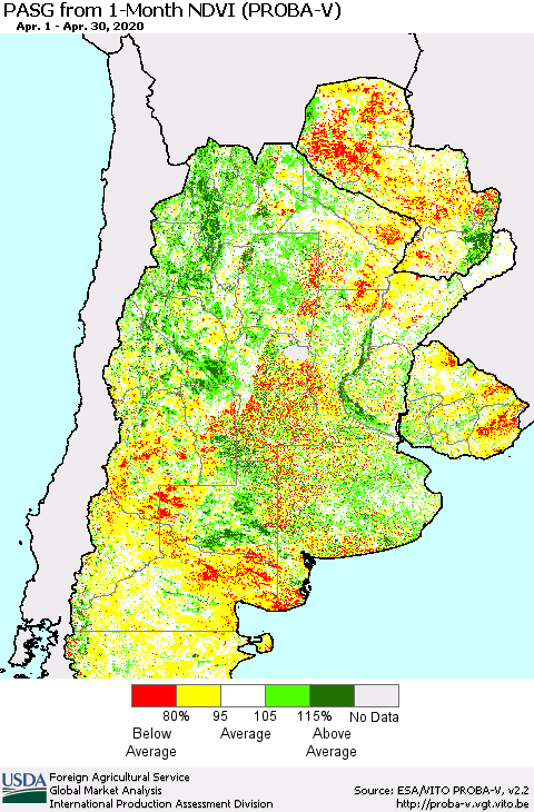 Southern South America PASG from 1-Month NDVI (PROBA-V) Thematic Map For 4/21/2020 - 4/30/2020