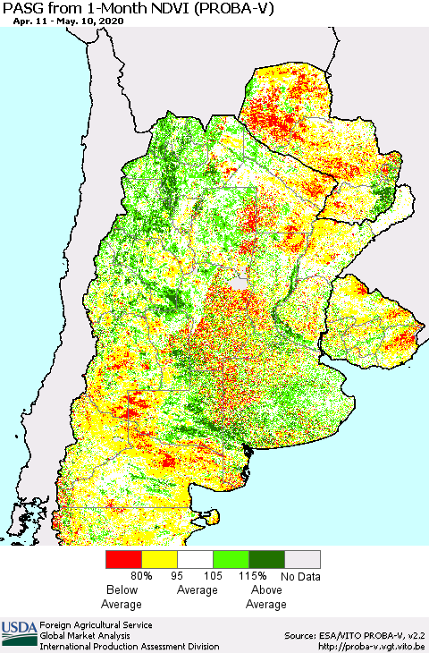 Southern South America PASG from 1-Month NDVI (PROBA-V) Thematic Map For 5/1/2020 - 5/10/2020