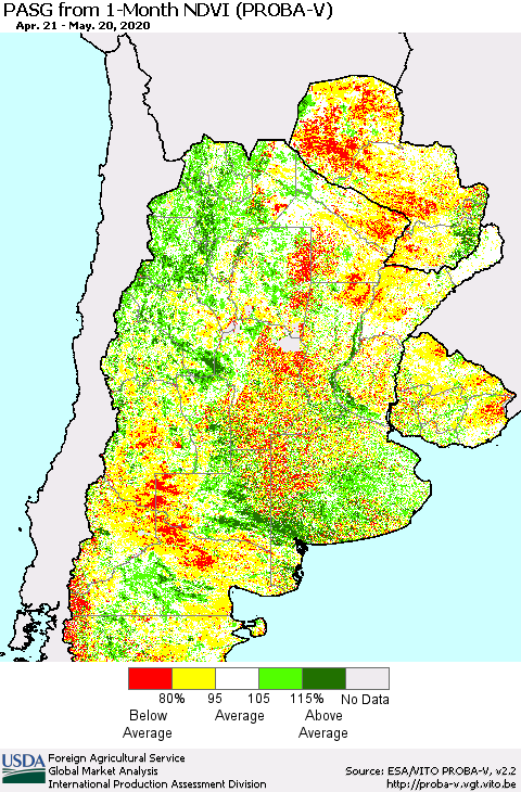 Southern South America PASG from 1-Month NDVI (PROBA-V) Thematic Map For 5/11/2020 - 5/20/2020