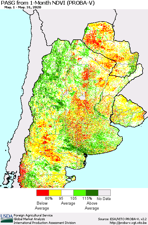 Southern South America PASG from 1-Month NDVI (PROBA-V) Thematic Map For 5/21/2020 - 5/31/2020