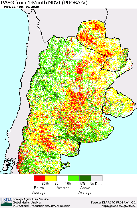 Southern South America PASG from 1-Month NDVI (PROBA-V) Thematic Map For 6/1/2020 - 6/10/2020