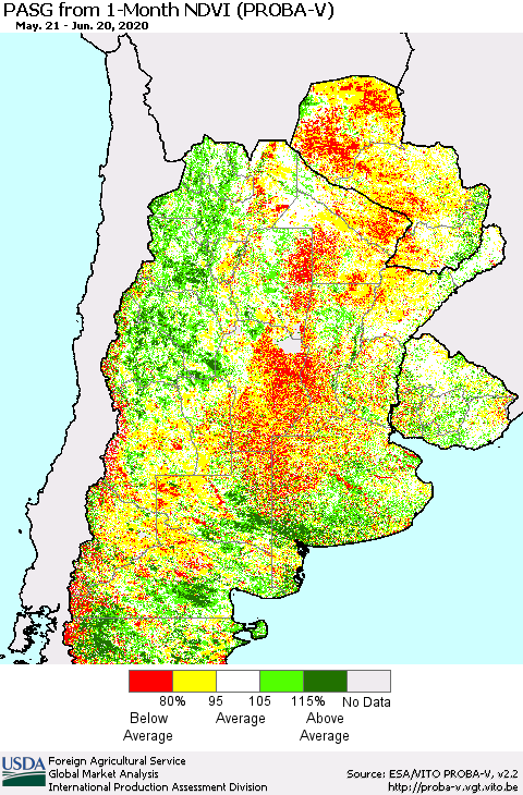 Southern South America PASG from 1-Month NDVI (PROBA-V) Thematic Map For 6/11/2020 - 6/20/2020