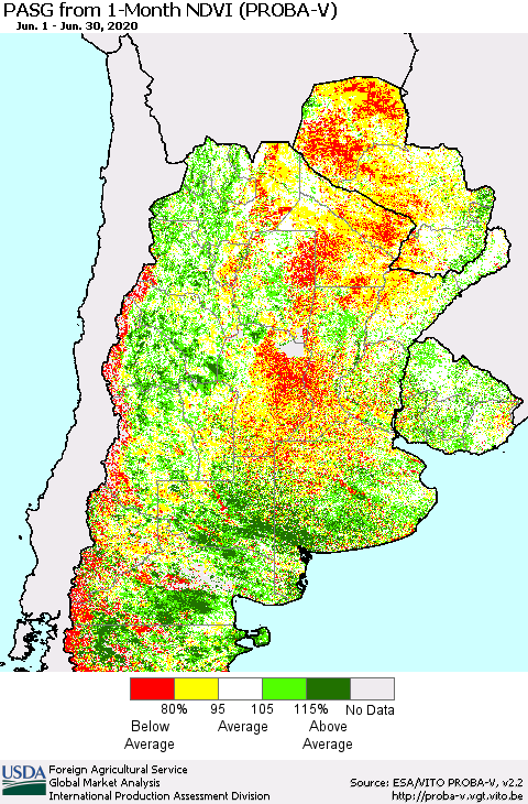 Southern South America PASG from 1-Month NDVI (PROBA-V) Thematic Map For 6/21/2020 - 6/30/2020