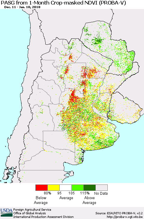 Southern South America PASG from 1-Month Crop-masked NDVI (PROBA-V) Thematic Map For 1/1/2018 - 1/10/2018