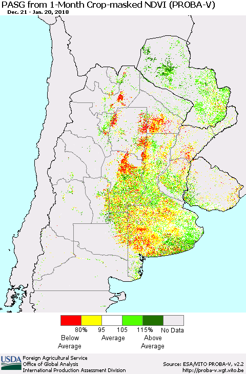 Southern South America PASG from 1-Month Crop-masked NDVI (PROBA-V) Thematic Map For 1/11/2018 - 1/20/2018