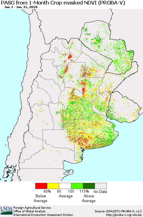 Southern South America PASG from 1-Month Crop-masked NDVI (PROBA-V) Thematic Map For 1/21/2018 - 1/31/2018