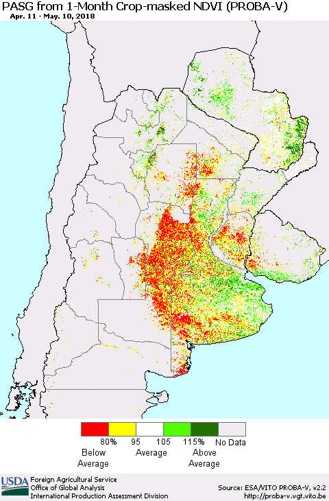 Southern South America PASG from 1-Month Crop-masked NDVI (PROBA-V) Thematic Map For 5/1/2018 - 5/10/2018