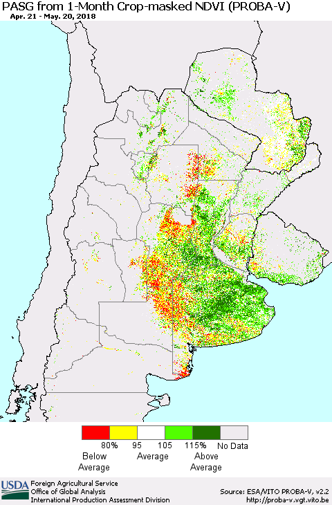 Southern South America PASG from 1-Month Crop-masked NDVI (PROBA-V) Thematic Map For 5/11/2018 - 5/20/2018
