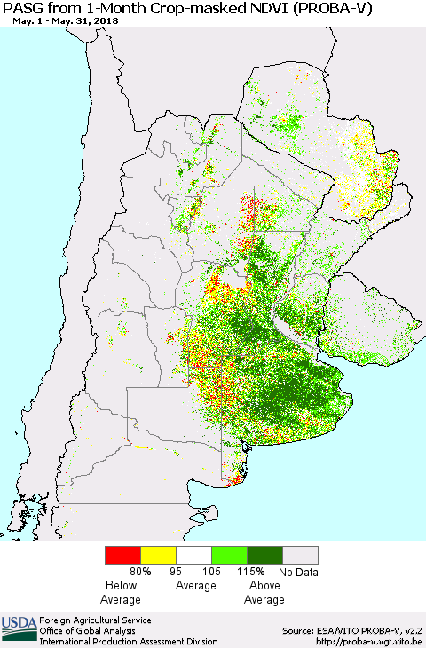 Southern South America PASG from 1-Month Crop-masked NDVI (PROBA-V) Thematic Map For 5/21/2018 - 5/31/2018