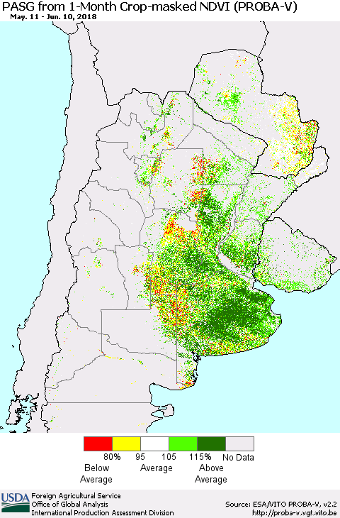 Southern South America PASG from 1-Month Crop-masked NDVI (PROBA-V) Thematic Map For 6/1/2018 - 6/10/2018