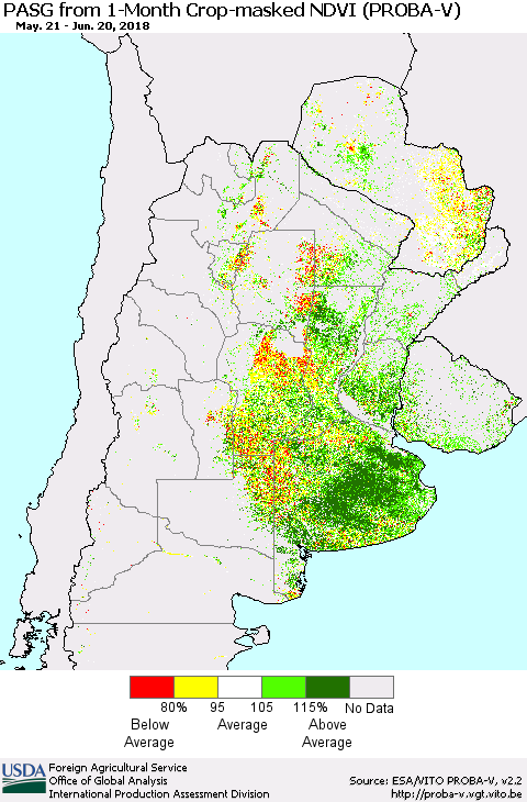 Southern South America PASG from 1-Month Crop-masked NDVI (PROBA-V) Thematic Map For 6/11/2018 - 6/20/2018