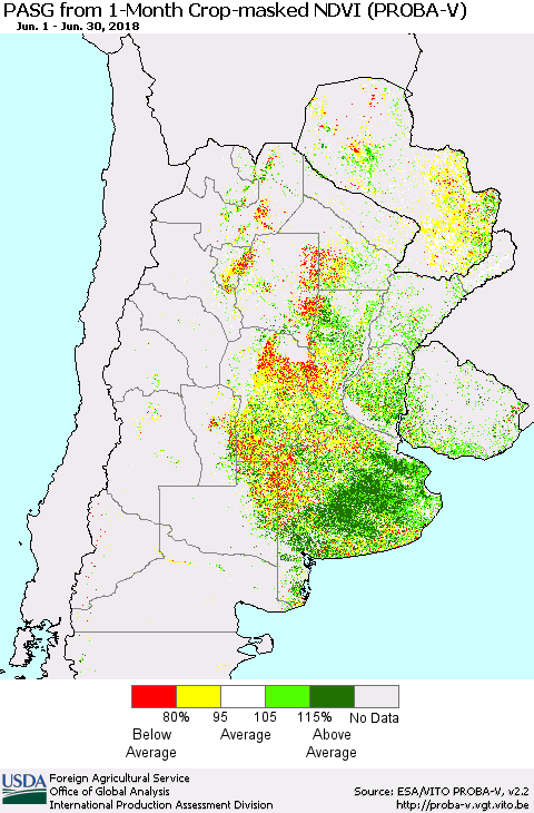 Southern South America PASG from 1-Month Crop-masked NDVI (PROBA-V) Thematic Map For 6/21/2018 - 6/30/2018
