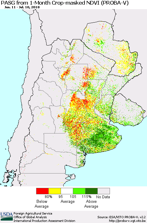 Southern South America PASG from 1-Month Crop-masked NDVI (PROBA-V) Thematic Map For 7/1/2018 - 7/10/2018