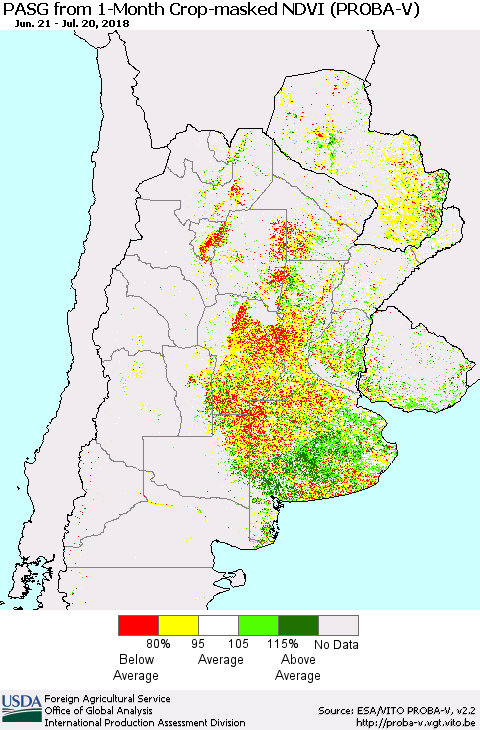 Southern South America PASG from 1-Month Crop-masked NDVI (PROBA-V) Thematic Map For 7/11/2018 - 7/20/2018