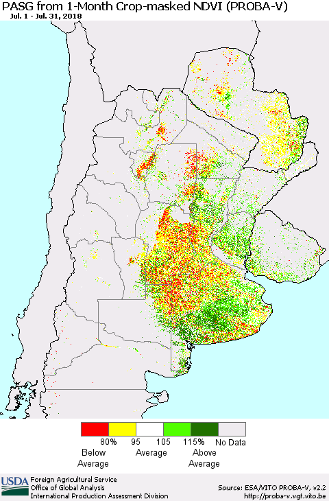 Southern South America PASG from 1-Month Crop-masked NDVI (PROBA-V) Thematic Map For 7/21/2018 - 7/31/2018
