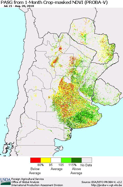 Southern South America PASG from 1-Month Crop-masked NDVI (PROBA-V) Thematic Map For 8/11/2018 - 8/20/2018