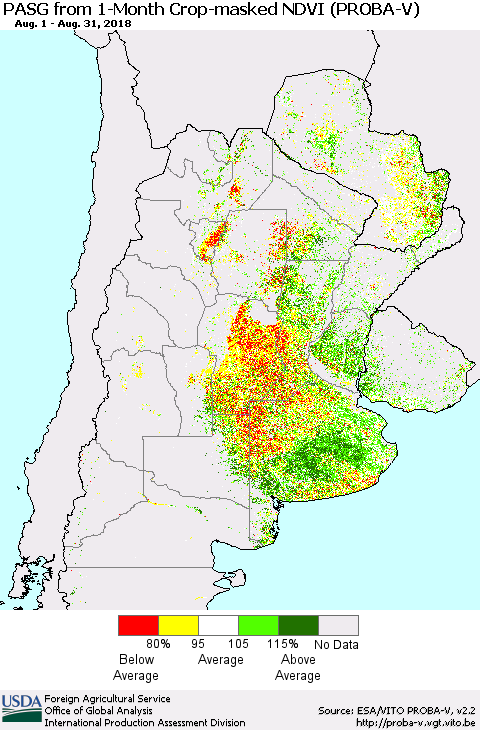Southern South America PASG from 1-Month Crop-masked NDVI (PROBA-V) Thematic Map For 8/21/2018 - 8/31/2018