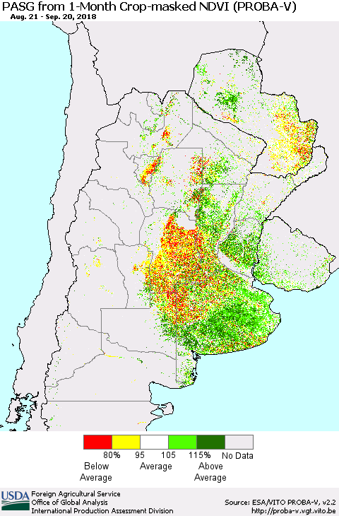 Southern South America PASG from 1-Month Crop-masked NDVI (PROBA-V) Thematic Map For 9/11/2018 - 9/20/2018