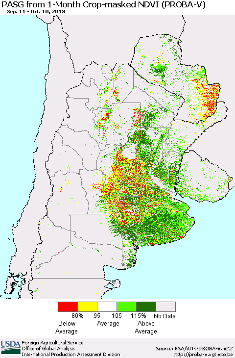 Southern South America PASG from 1-Month Crop-masked NDVI (PROBA-V) Thematic Map For 10/1/2018 - 10/10/2018