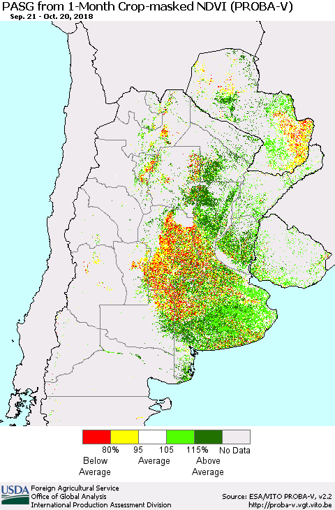 Southern South America PASG from 1-Month Crop-masked NDVI (PROBA-V) Thematic Map For 10/11/2018 - 10/20/2018