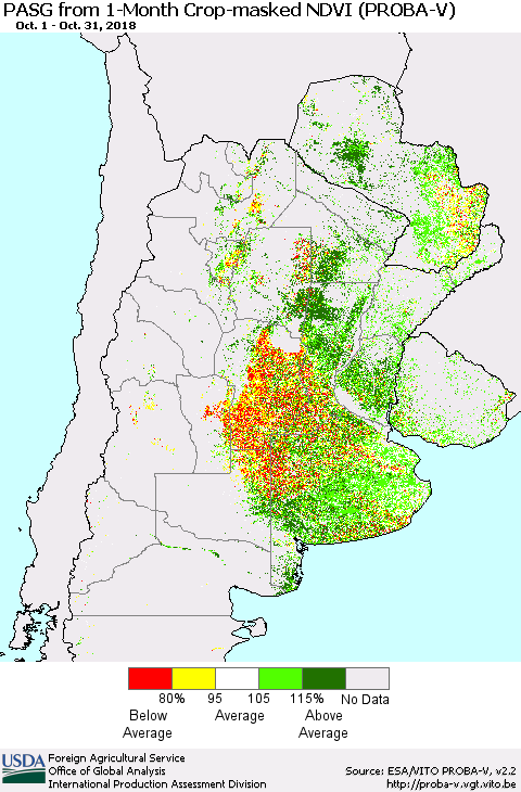 Southern South America PASG from 1-Month Crop-masked NDVI (PROBA-V) Thematic Map For 10/21/2018 - 10/31/2018