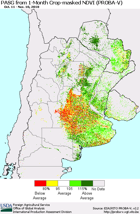 Southern South America PASG from 1-Month Crop-masked NDVI (PROBA-V) Thematic Map For 11/1/2018 - 11/10/2018