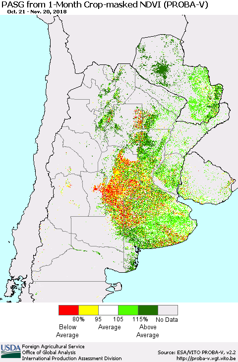 Southern South America PASG from 1-Month Crop-masked NDVI (PROBA-V) Thematic Map For 11/11/2018 - 11/20/2018