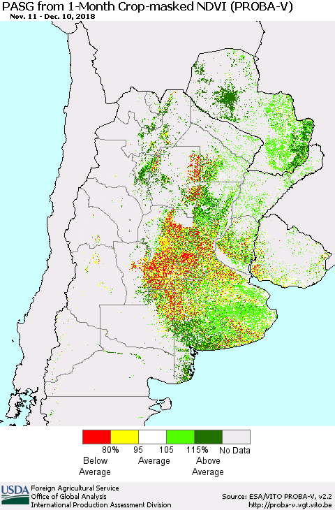 Southern South America PASG from 1-Month Crop-masked NDVI (PROBA-V) Thematic Map For 12/1/2018 - 12/10/2018