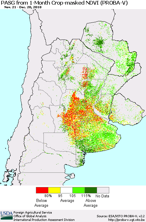 Southern South America PASG from 1-Month Crop-masked NDVI (PROBA-V) Thematic Map For 12/11/2018 - 12/20/2018